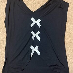 Black V-Neck Tank Top with White Bow Accents